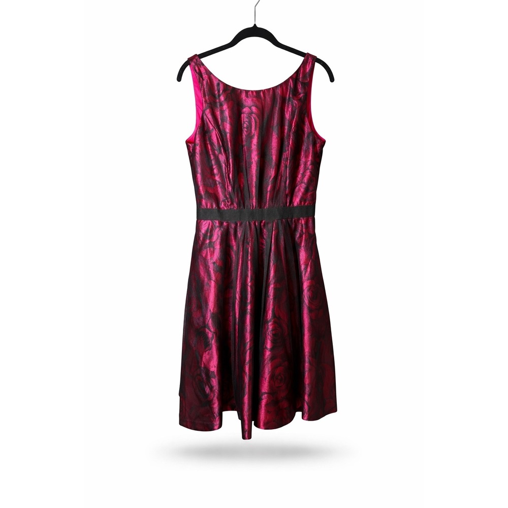 Jessica Simpson Fit Flare Dress Womens 10 Pink Black Floral Cocktail Excellent